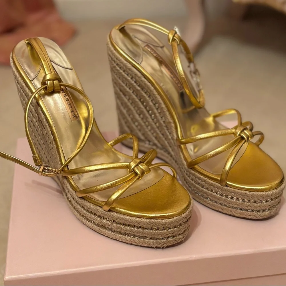 NWB Sophia Webster Alina Gold Espadrille Open Wedge Platform Heel Shoes Crystal - Picture 4 of 10